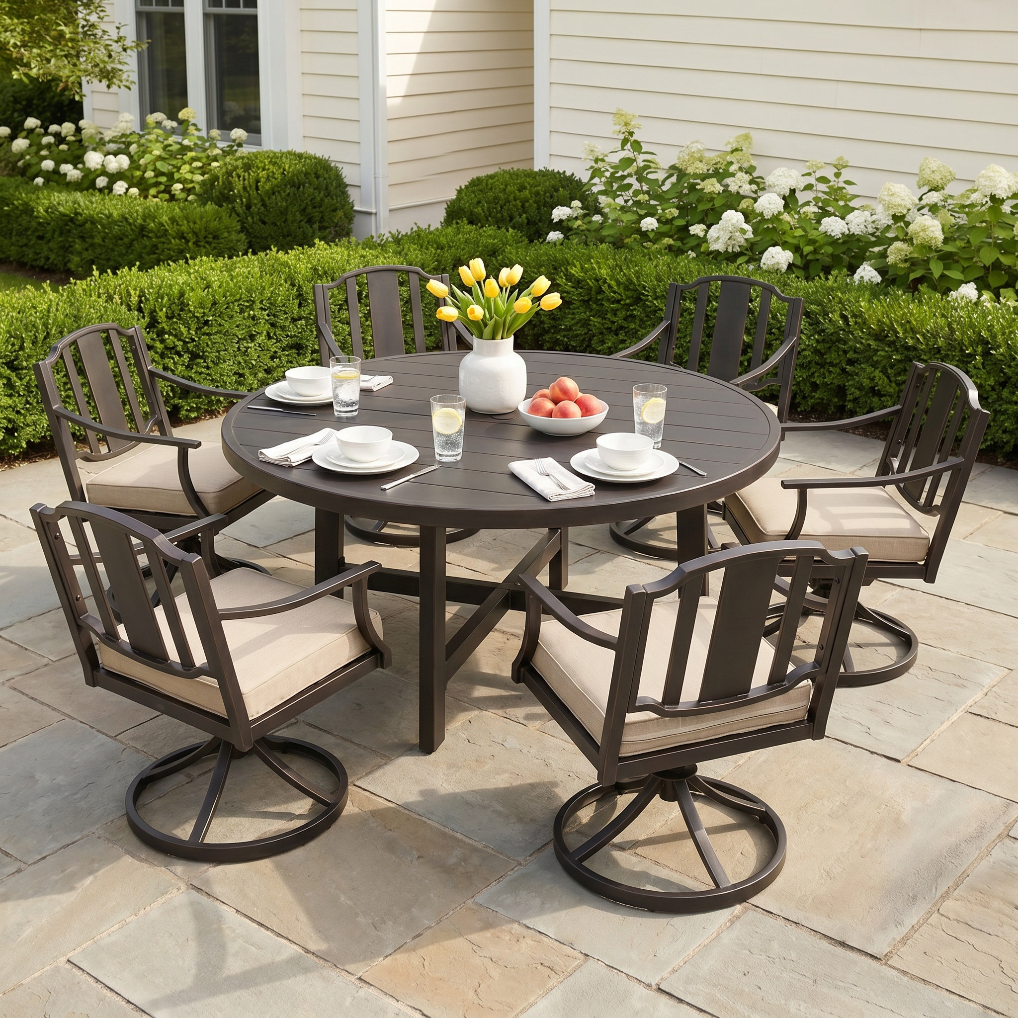  Peak - NATURA　B.F.F Peak Home Furnishings Patio Aluminum Round Swivel Dining Set With